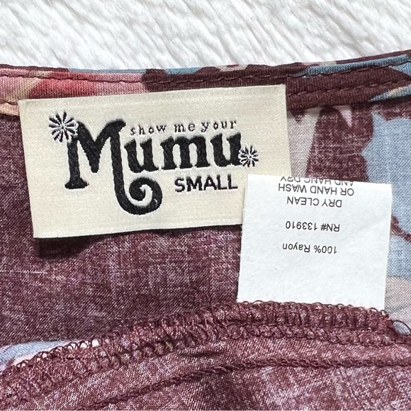 Show Me Your Mumu Floral Burgundy Brown Short Sleeve Mini Tie Waist Wrap Dress S - Picture 11 of 13